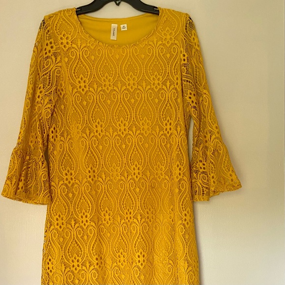 70s Crotchet Style Mustard Yellow Midi Shift Dress - Picture 3 of 5